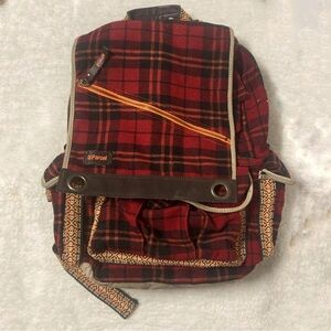 Parcel Plaid Fleece Backpack Red Multi-Compartments Boho Cabincore